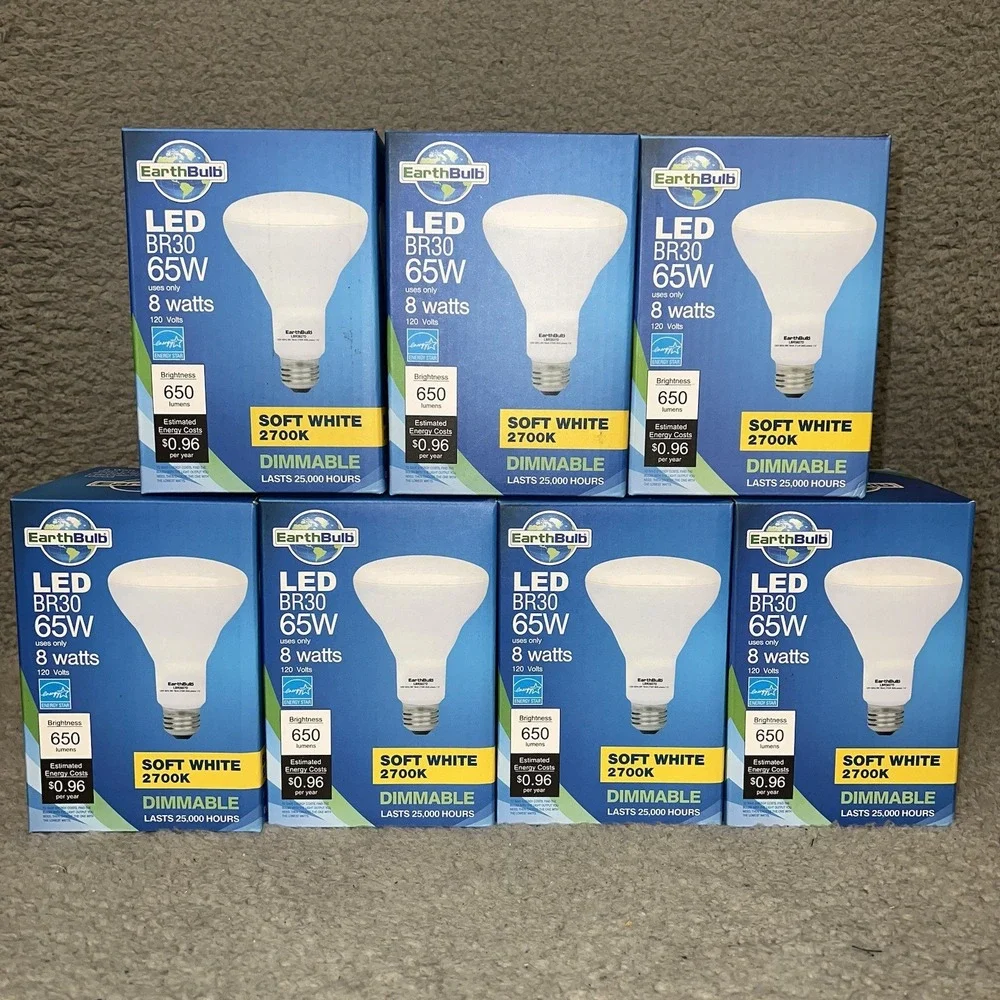 NIB (7) EarthBulb 65W Soft White BR30 8 Watts Dimmable LED Lightbulb‎ 25k Hrs